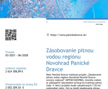 Aktuality / Zásobovanie pitnou vodou regiónu Novohrad Panické Dravce - verejný vodovod  - foto