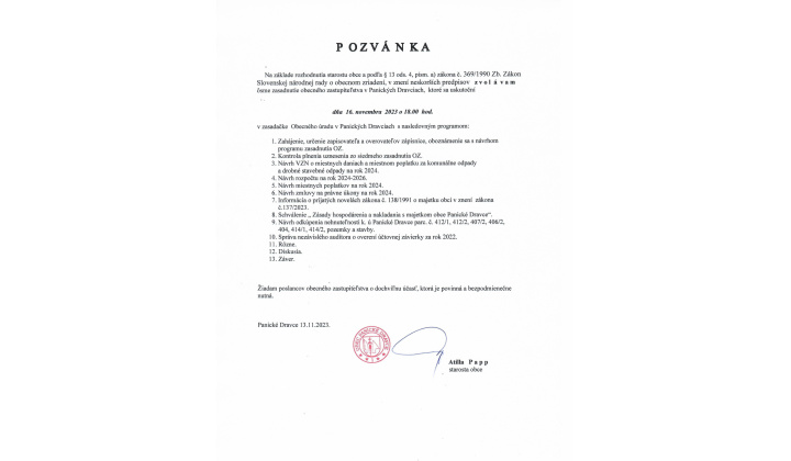 POZVÁNKA na 8.zasadnutie OZ dňa 16.11.2023