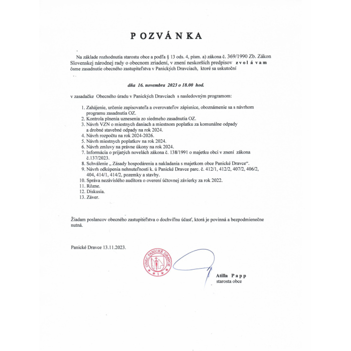 POZVÁNKA na 8.zasadnutie OZ dňa 16.11.2023